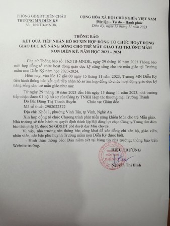 Kết quả tiếp nhận hồ sơ xin hợp đồng tổ chức hoạt động giáo dục  KNS  cho trẻ mẫu giáo tại trường Mầm non Diễn Kỷ năm học 2023 - 2024