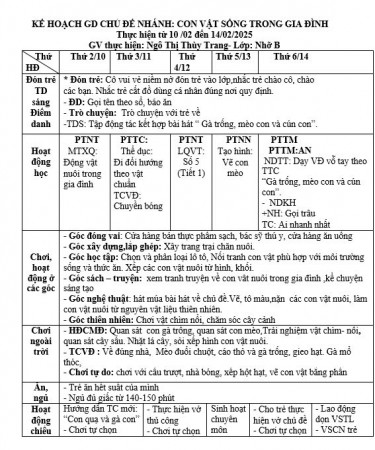 Kế hoạch tuần 21 chủ đề Những con vật đáng yêu lớp Nhỡ B (10/2-14/2/2025)