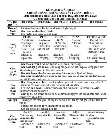 KẾ HOẠCH TUẦN 14, LỚP TRẺ E