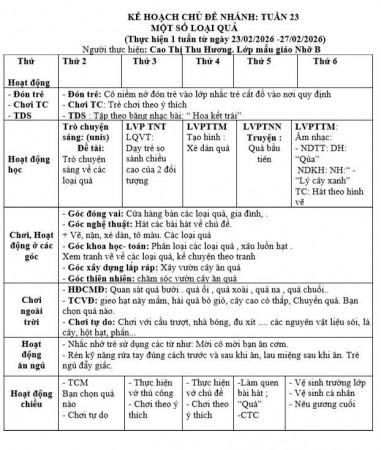 Kế hoạch tuần 23 chủ đề Thế giới thực vật lớp Nhỡ B (23/2-27/2/2026)