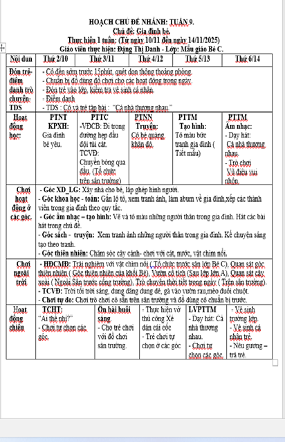 Kế hoạch tuần 9