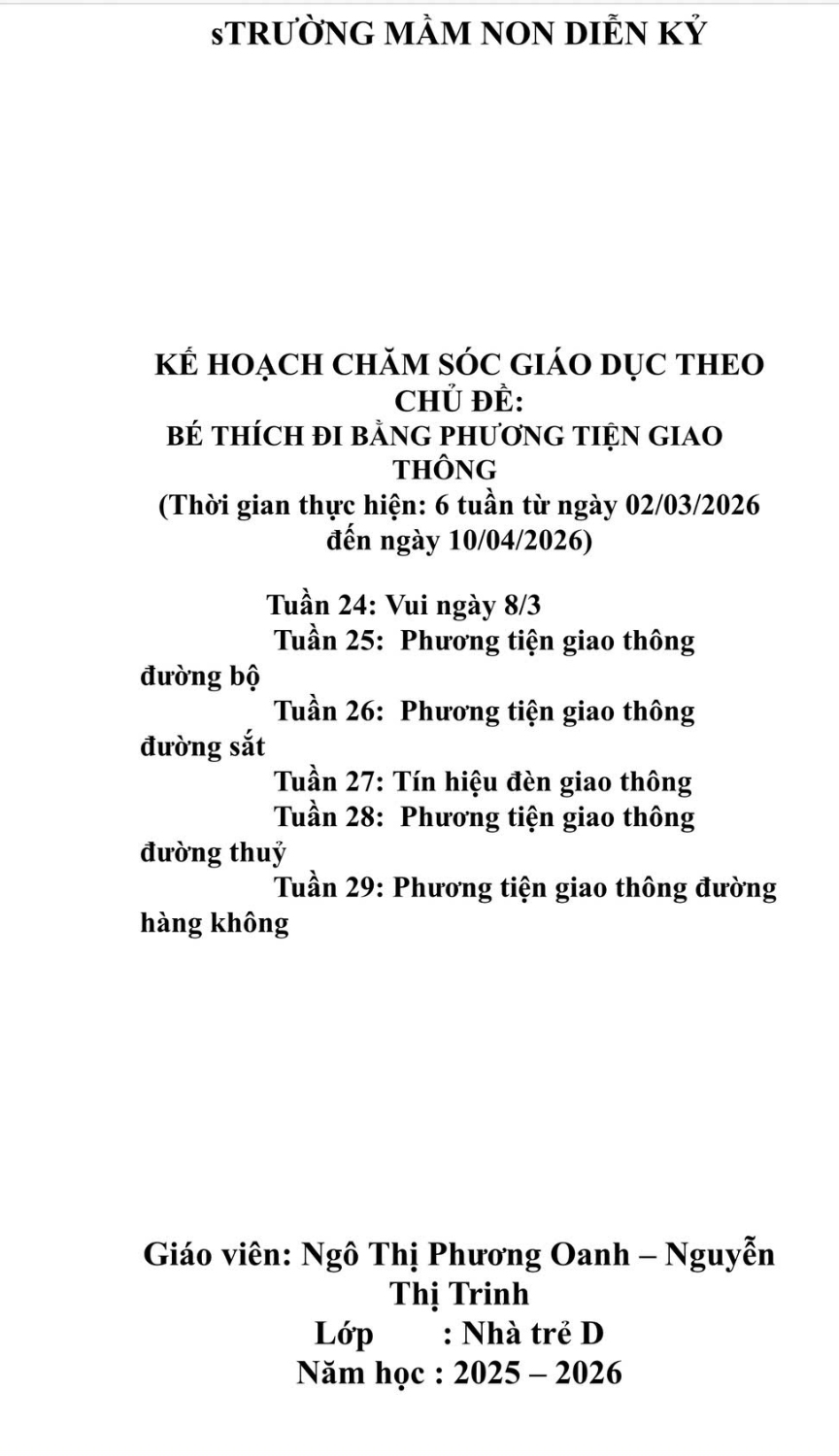 KH GDVS Chủ đề: Giao Thông từ ngày 2/3-10/4/2026. Trẻ D