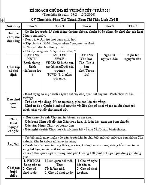 Kế hoạch tuần 22 CĐ thực vật từ ngày 09/02-13/02/2026. Trẻ B