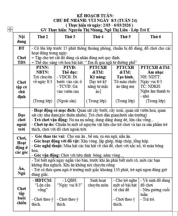 KẾ HOẠCH TUẦN 24, TRẺ E