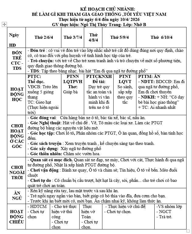 Kế hoạch tuần 29 chủ đề Phương tiện giao thông lớp Nhỡ B (6/4-10/4/2026)
